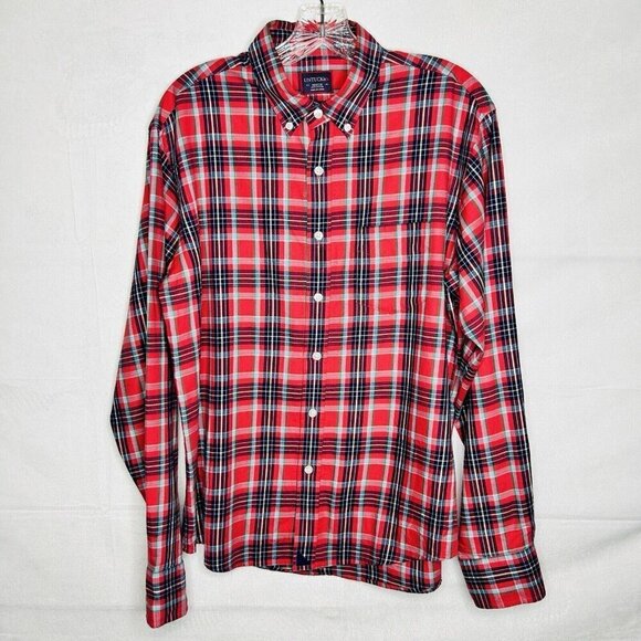 Untuckit Shirt Men’s Medium Red Blue Plaid Button-Down Long-Sleeve 100% Cotton - Picture 1 of 7